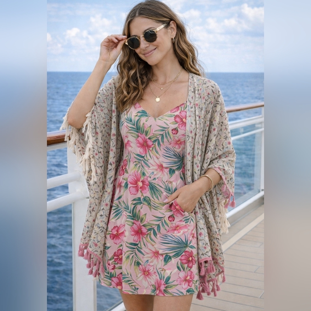 EUC Pink Floral Kaftan with Pink Tassels Fits Size M-2X Easily